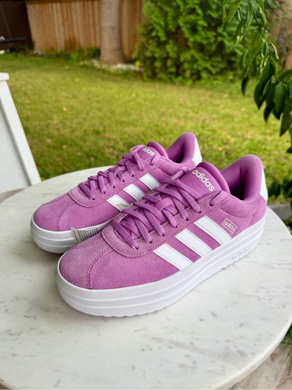 adidas Women’s Lilac Suede Platform Sneakers with White Stripes